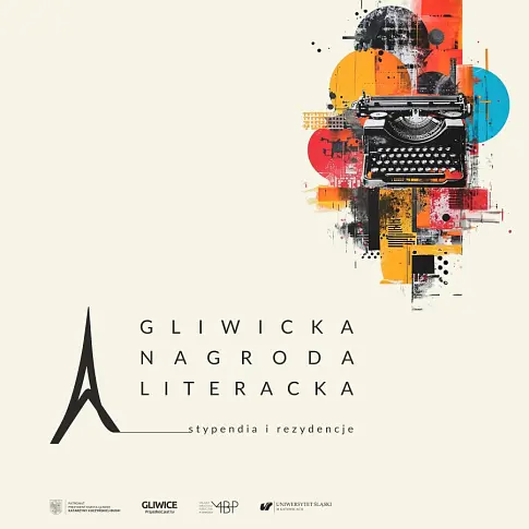 Baner z informacją o Gliwickiej Nagrody Literackiej z logami i grafikami